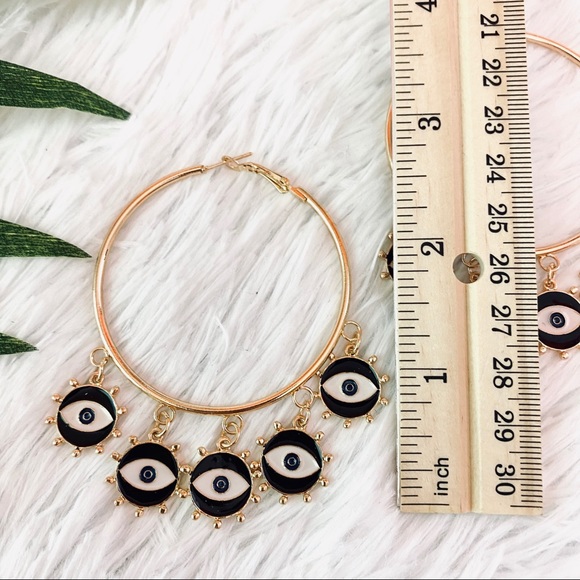 NEW Evil Eye Charm Gold Hoop Dangle Earrings - Picture 3 of 6